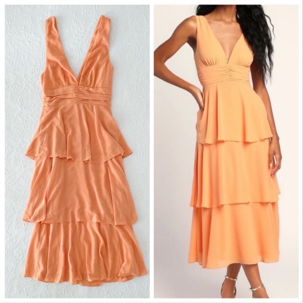 NWOT Lulus Celebration Time Light Orange Sleeveless Tiered Midi Dress Small